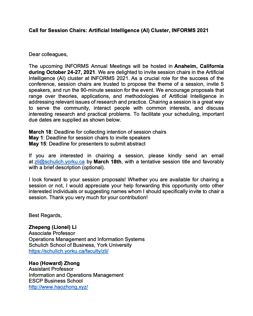 Call for Session Chairs: Artificial Intelligence (AI) Cluster, INFORMS 2021
The upcoming INFORMS Annual Meetings will be hosted in Anaheim, California during October 24-27, 2021. We are delighted to invite session chairs in the Artificial Intelligence (AI) cluster. <a href="/INFORMS/">INFORMS</a>