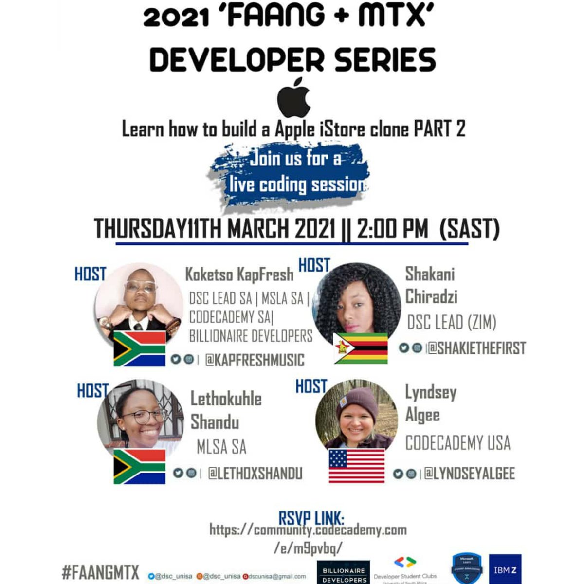 Join us today at 2 P.M SAST on our  live session as we build a Apple iStore clone 🍏🤭

RSVP using the following link:

community.codecademy.com/events/details…

You dont want to miss this✨👩🏾‍💻🧑🏻‍💻👨🏿‍💻
#DSC #tech  #IT #Code #clone #Google