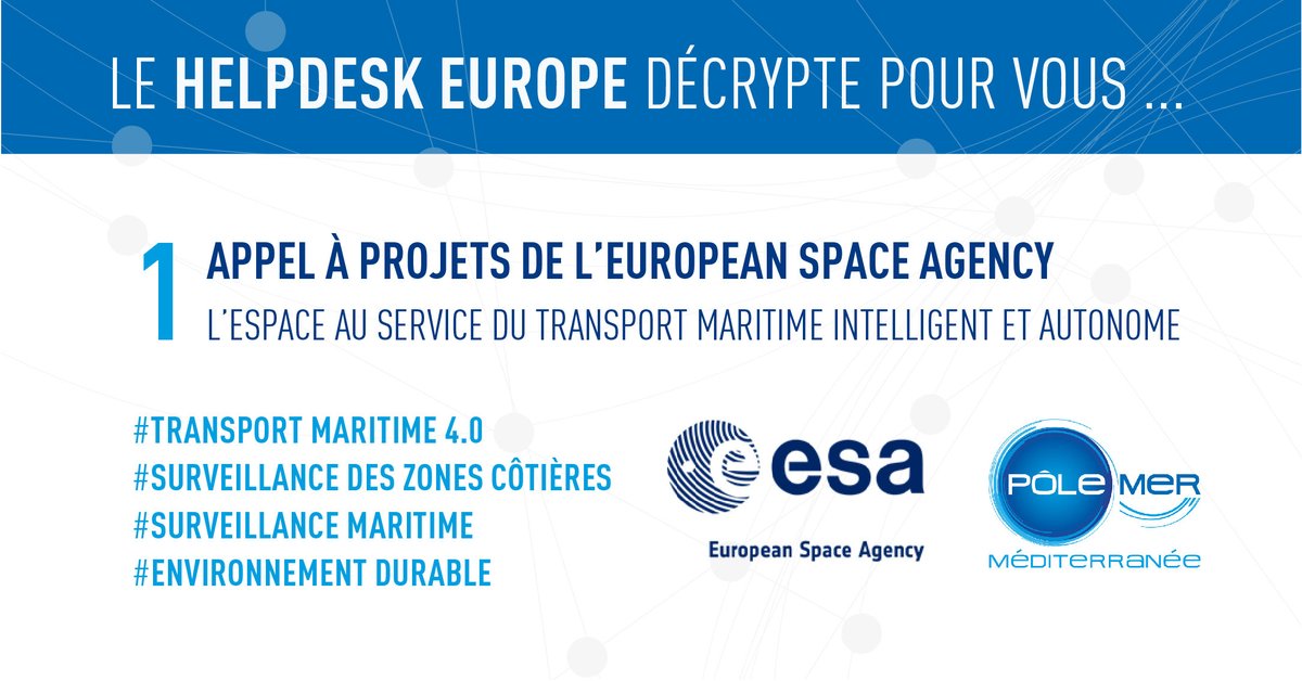 Notre #HelpdeskEurope décrypte pour vous l'AAP de l'<a href="/esa/">European Space Agency</a> :

L’espace au service du transport maritime intelligent et autonome

1⃣ #TransportMaritime 4.0
2⃣ Surveillance des zones côtières
3⃣ #SurveillanceMaritime
4⃣ #Environnement durable

A découvrir sur swll.to/SmB0c