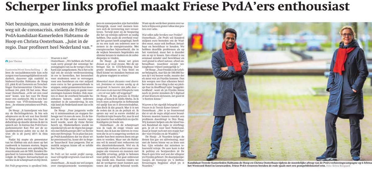 Geen pratende pakken, maar twee authentieke Friezen op de kandidatenlijst van de <a href="/PvdA/">Partij van de Arbeid</a> met allebei hun eigen bijzondere verhaal vandaag in <a href="/frieschdagblad/">Friesch Dagblad</a>. <a href="/HabtamudeHoop/">Habtamu de Hoop</a> en <a href="/ChristaOosterb/">ChristaOosterbaan</a> zijn strijdbaar en herkenbaar. De luxe van twee topkandidaten. <a href="/pvdafryslan/">PvdA Fryslân</a>
