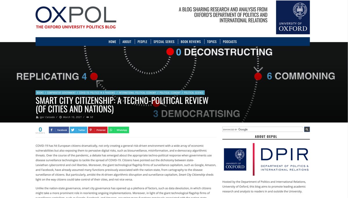 ICalzada's tweet photo. 🚨@OxPolBlog @Politics_Oxford @UniofOxford 👩🎓
has just published
'#SmartCityCitizenship:
A #TechnoPolitical Review (of #Cities and #Nations)'
👉https://t.co/65PrFs8P24 https://t.co/0NfgpW3GWH