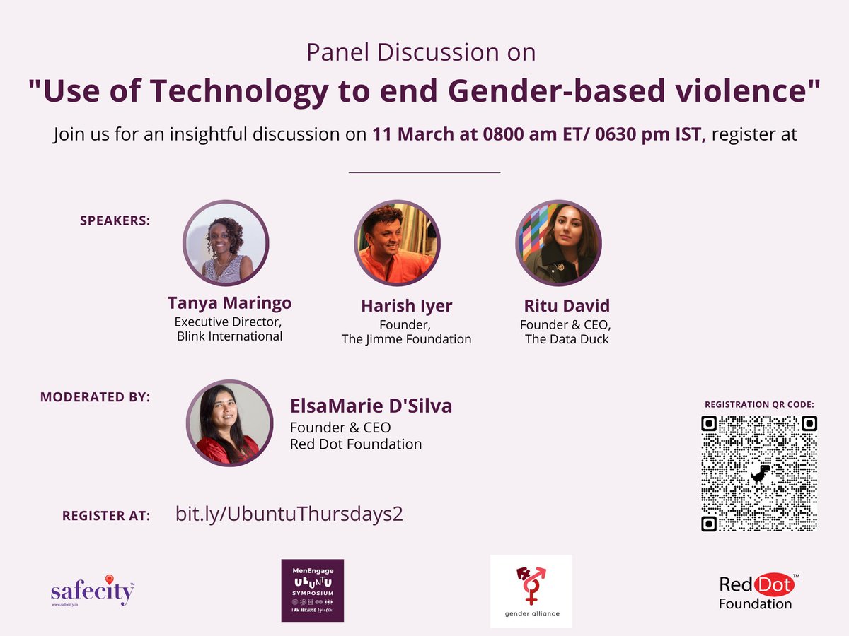ElsaMarie D'Silva (she/her) 🇮🇳 (@elsamariedsilva) on Twitter photo Join us today at 0630 pm IST / 8 am EST for this interesting discussion on Use of Technology to end Gender Based Violence. <a href="/Menengage/">MenEngage Alliance</a>
Register - Bit.ly/UbuntuThursday…
Panelists - <a href="/hiyer/">harish 🏳️🌈 (he/she)</a>, <a href="/RDConsultingIN/">Ritu David</a> Tanya Maringo from <a href="/blink_Int/">Tanya Maringo</a>
Organiser - @pinthecreep #Safecity Join us today at 0630 pm IST / 8 am EST for this interesting discussion on Use of Technology to end Gender Based Violence. <a href="/Menengage/">MenEngage Alliance</a>
Register - Bit.ly/UbuntuThursday…
Panelists - <a href="/hiyer/">harish 🏳️🌈 (he/she)</a>, <a href="/RDConsultingIN/">Ritu David</a> Tanya Maringo from <a href="/blink_Int/">Tanya Maringo</a>
Organiser - @pinthecreep #Safecity