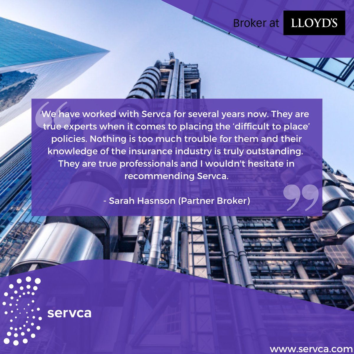 At #Servca, we are more than capable of placing those "difficult to place" risks. Listen to what our partners have to say.

#ServcaReview #InsuranceBroker #LloydsofLondon #ProfessionalIndemnity #GeneralLiability

Want to find out how? Get in touch here: wholesale.servca.com/get-in-touch