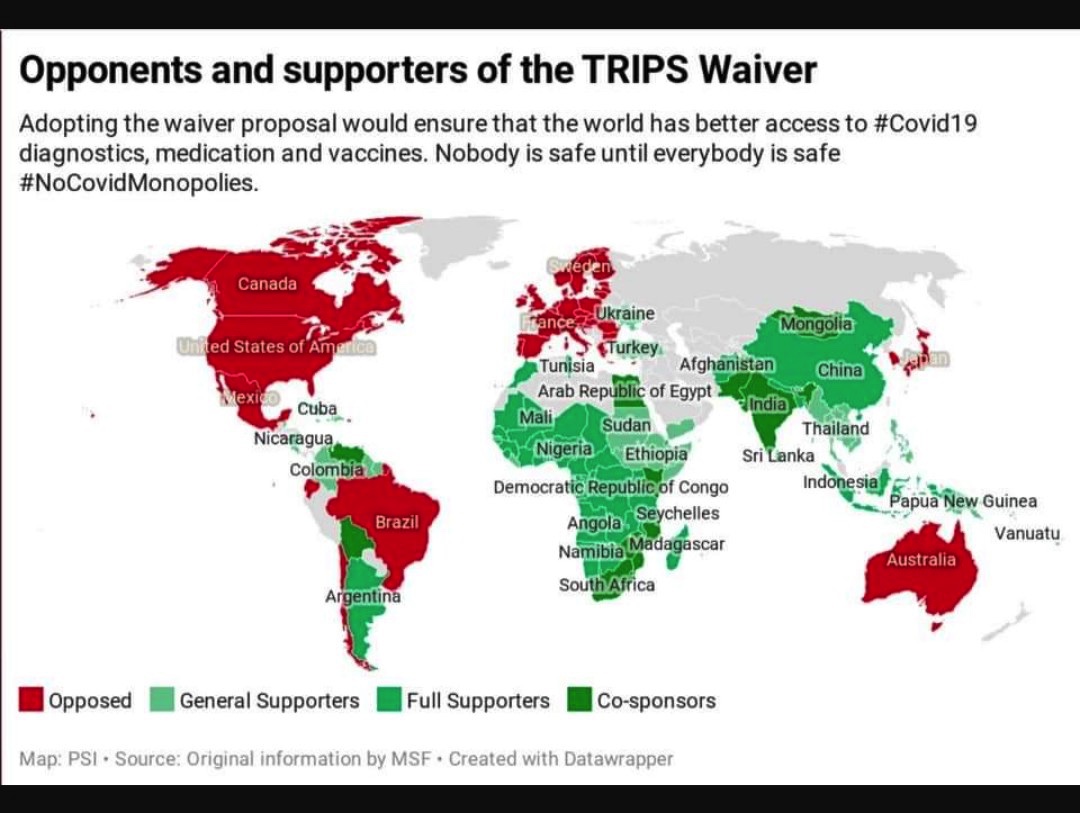 Seit Oktober fordern 80 Staaten + "Ärzte ohne Grenzen“ die Freigabe der Patente auf Corona-Vakzine. 
Dagegen: Big Pharma + EU &amp; USA 
Bei HIV hat der Patentschutz in Afrika über 10 Mio Menschen das Leben gekostet. 
Muss diese "globale Solidarität" sein, von der Merkel spricht...