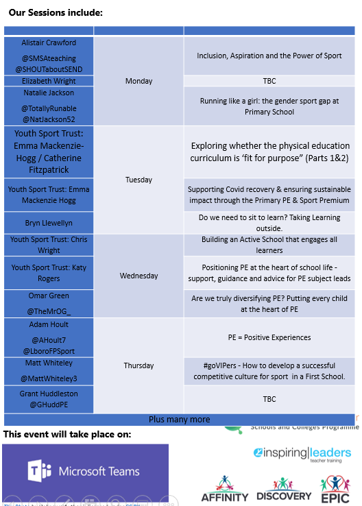 Emma_Turner75's tweet photo. Amazing FREE primary PE CPD. Now with the fabulous @esioul and @GHuddPE on board too! Don't miss out! Register via https://t.co/l4exOy7kQC
Please tell anyone who you know teaches or leads within Primary PE. An event not to be missed! https://t.co/TmagMbt1Bi