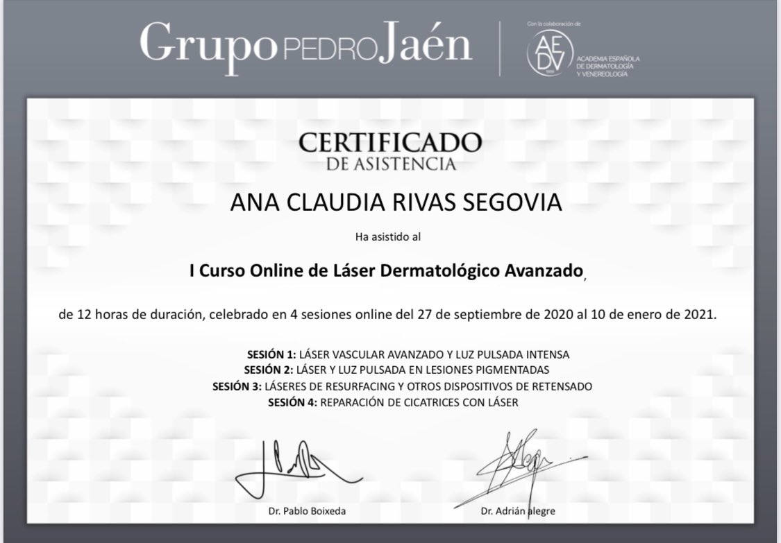 Gracias <a href="/grupopedrojaen/">Grupo Pedro Jaén</a> <a href="/DrBoixeda/">Pablo boixeda</a> <a href="/dermAlegre/">Adrián Alegre</a> por este fantástico curso! Aprendiendo cada vez más sobre láser en #dermatología 💪🏾