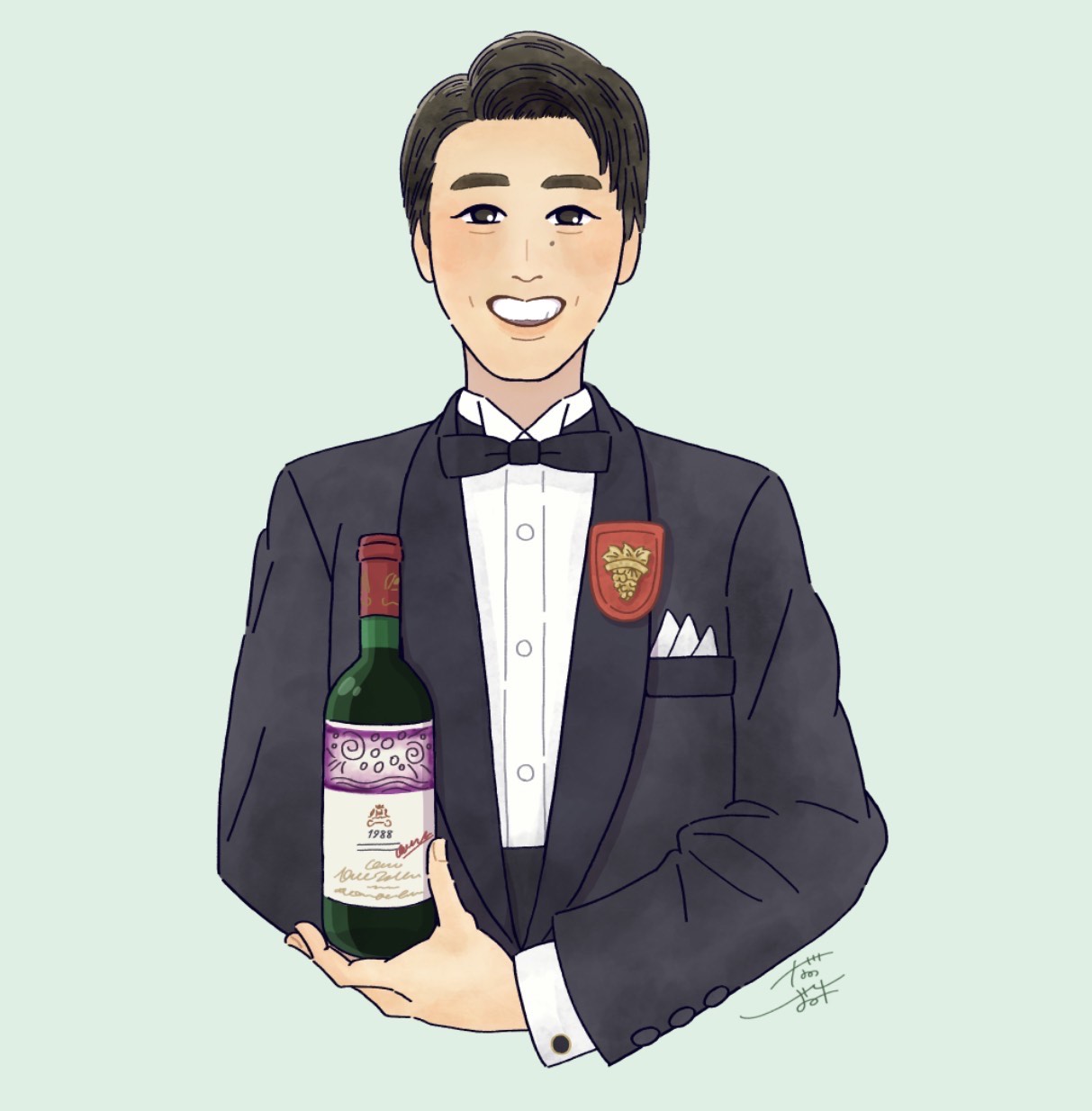 ワイン好きのしおみさん ご縁があって描かせていただいたイラスト ソムリエさんの制服タキシード びしっとしててかっこいいなぁ ちゃんはごくシンプルなタッチご希望だったので だからこそワインの表現にこだわりました T Co