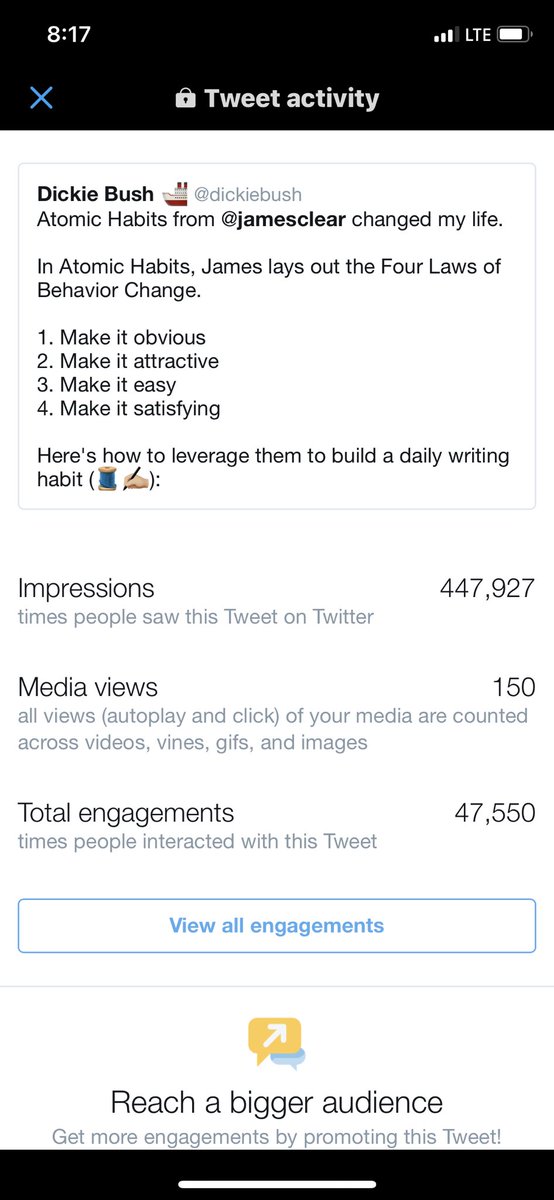 The scale of Twitter’s distribution never ceases to amaze me. • 470k impressions• 47k detail expands• 10% “click through” rate showing there are many people who want to build a daily writing habit. Share ideas, get market validation, double down (while adding value).