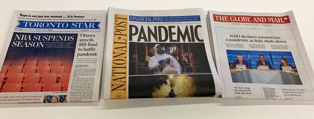 globecontent's tweet image. On this day one year ago, WHO declared coronavirus a pandemic. This is what the major newspaper coverage looked like across @TorontoStar, @nationalpost and @globeandmail: