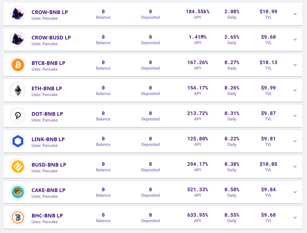 crowfinance's tweet image. ALL 9 VAULTS ARE LIVE NOW

Check them out-&amp;gt; crowfinance.net/vaults

Soon we will add new vaults from PancakeSwap farm: stay tuned!

$CROW #BSC #BinanceSmartChain #YieldFarming #DeFi #vaults