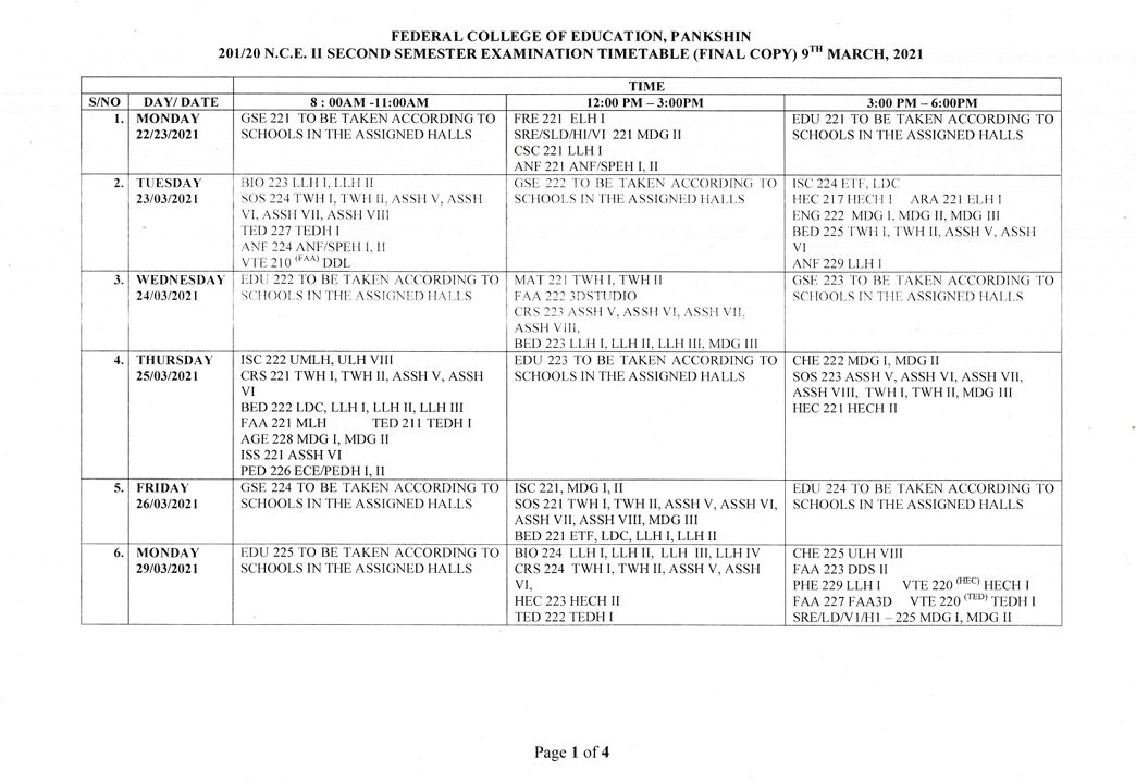 fcepkn's tweet photo. BREAKING: SECOND SEMESTER EXAMINATION FOR NCE II, 2019/2020 ACADEMIC SESSION, SCHEDULED TO COMMENCE ON 9TH MARCH 2021. https://t.co/TCp3o02ep6