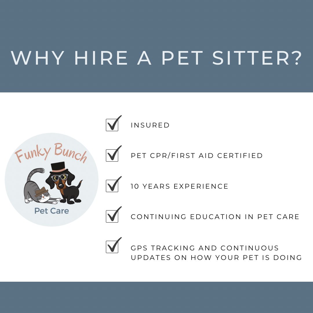 funkybunchpets's tweet photo. We get asked a lot why someone should hire a pet sitter. Since it is Professional Pet Sitters Week, we thought we would highlight some reasons why it’s important. When you are ready to schedule a meet and greet, visit https://t.co/4i0JXYgOyP
 #sedaliamo #sedaliamissouri #sedalia https://t.co/AQ2iTmbId1