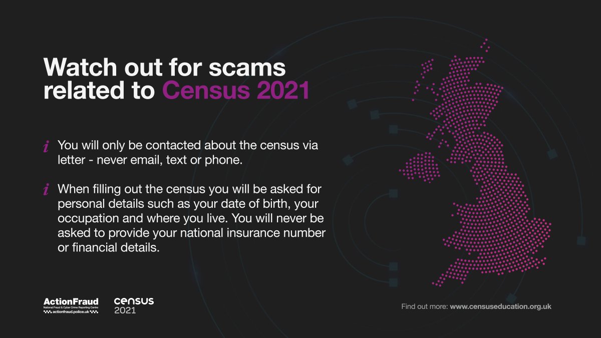 reportfrauduk's tweet photo. Census Day is coming! Households across the UK are currently receiving letters which include a unique 16-digit code to access the census online. 

Criminals may try to use this as opportunity to send phishing emails or texts. Check out our advice below to stay safe ⬇️ #Census2021 https://t.co/JxNdRW1hyM