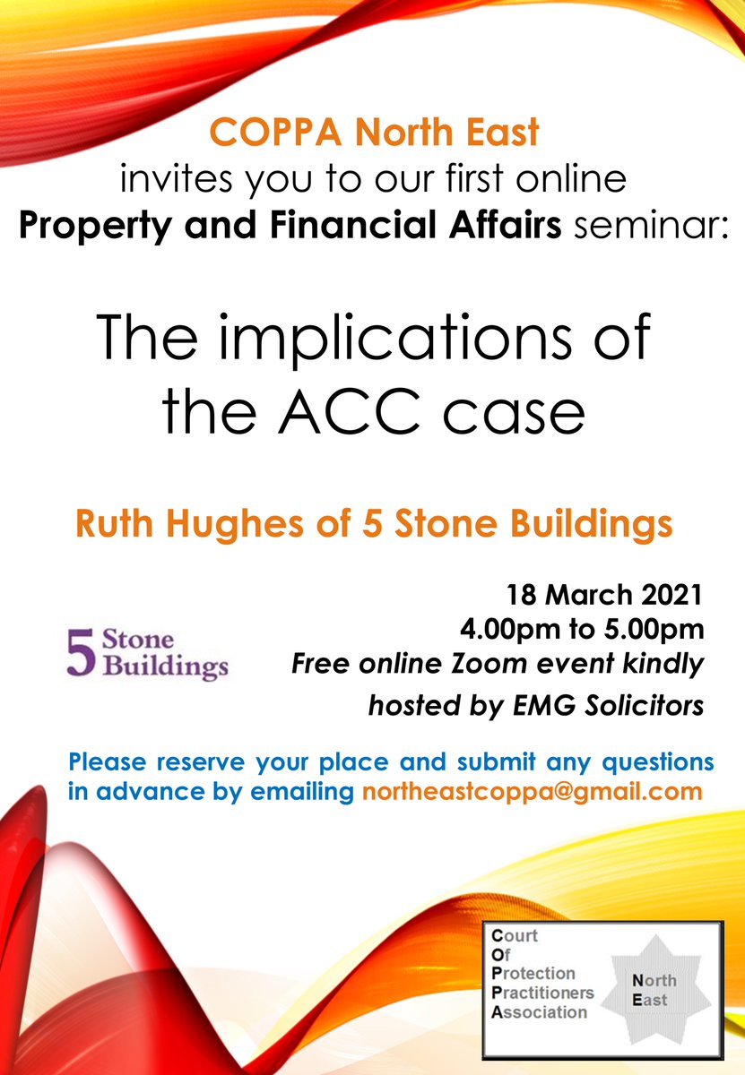 CoPPA North East (@northeastcoppa) on Twitter photo **Book your place** Ruth Hughes of <a href="/5sblaw/">5 Stone Buildings</a> is joining us for a virtual seminar and Q&A session discussing the implications of the ACC case on 18th March 4-5pm. Email us northeastcoppa@gmail.com to reserve a place!
Have a question for Ruth? Email or message us here @CoPPA17 **Book your place** Ruth Hughes of <a href="/5sblaw/">5 Stone Buildings</a> is joining us for a virtual seminar and Q&A session discussing the implications of the ACC case on 18th March 4-5pm. Email us northeastcoppa@gmail.com to reserve a place!
Have a question for Ruth? Email or message us here @CoPPA17