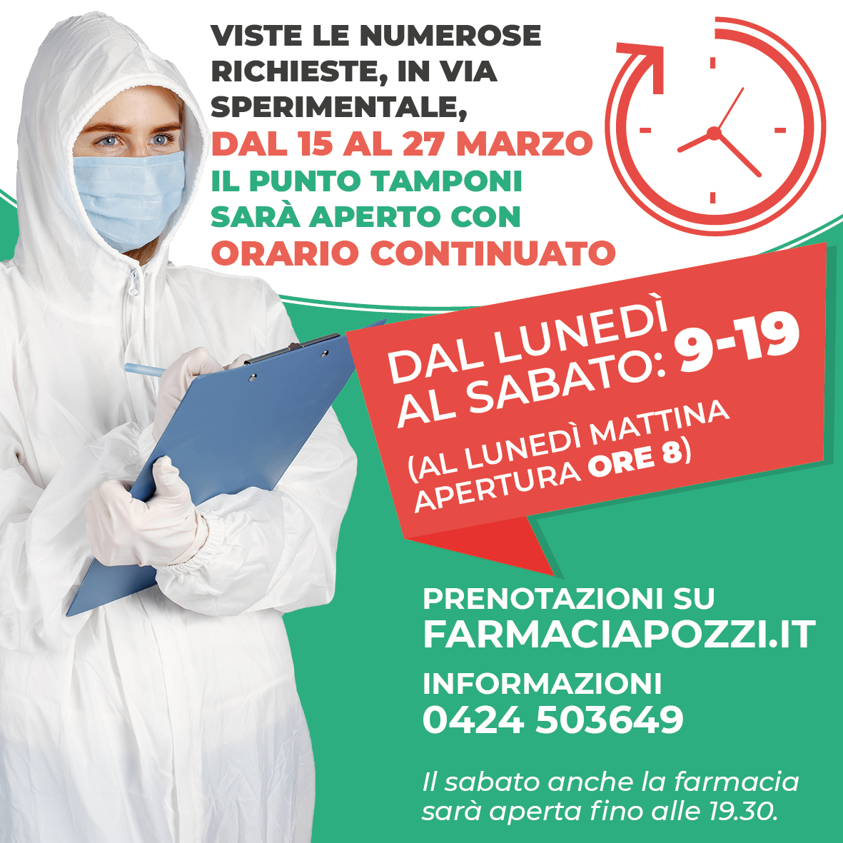 FarmaciaPozzi's tweet photo. Dal 15 al 27 marzo il punto #tamponi resterà aperto con orario continuato dalle 9 alle 19. Il lunedì inizieremo i test rapidi alle 8 di mattina. Anche la farmacia sarà aperta anche il sabato fino alle 19,30. Info e  prenotazioni su https://t.co/qpL1Y8Hov7 https://t.co/YGKRwr17PM