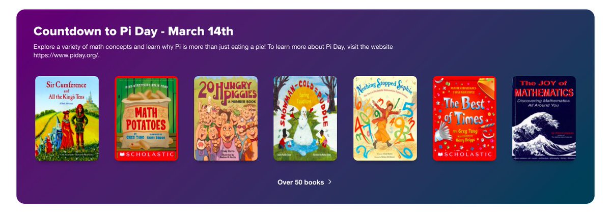 NYCDOEOLS's tweet photo. Countdown to Pi Day with @Sorareadingapp. Learn a new math concept, discover why Pi is more important than pie, & borrow a book from our newly curated collection available to @NYCSchools teachers & students. https://t.co/7Io4yI8bwd #PiDay @BklynLibrarian @NycLearning @nycsla https://t.co/YtA0zkVDWR