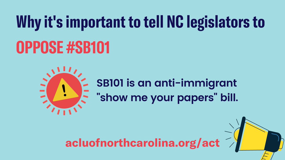 The #NC Senate is expected to vote on #SB101 today. It's a hateful, anti-immigrant bill that would force local cooperation with #ICE and encourage racial profiling. It's not too late for you to urge lawmakers to OPPOSE SB 101! action.aclu.org/send-message/n…