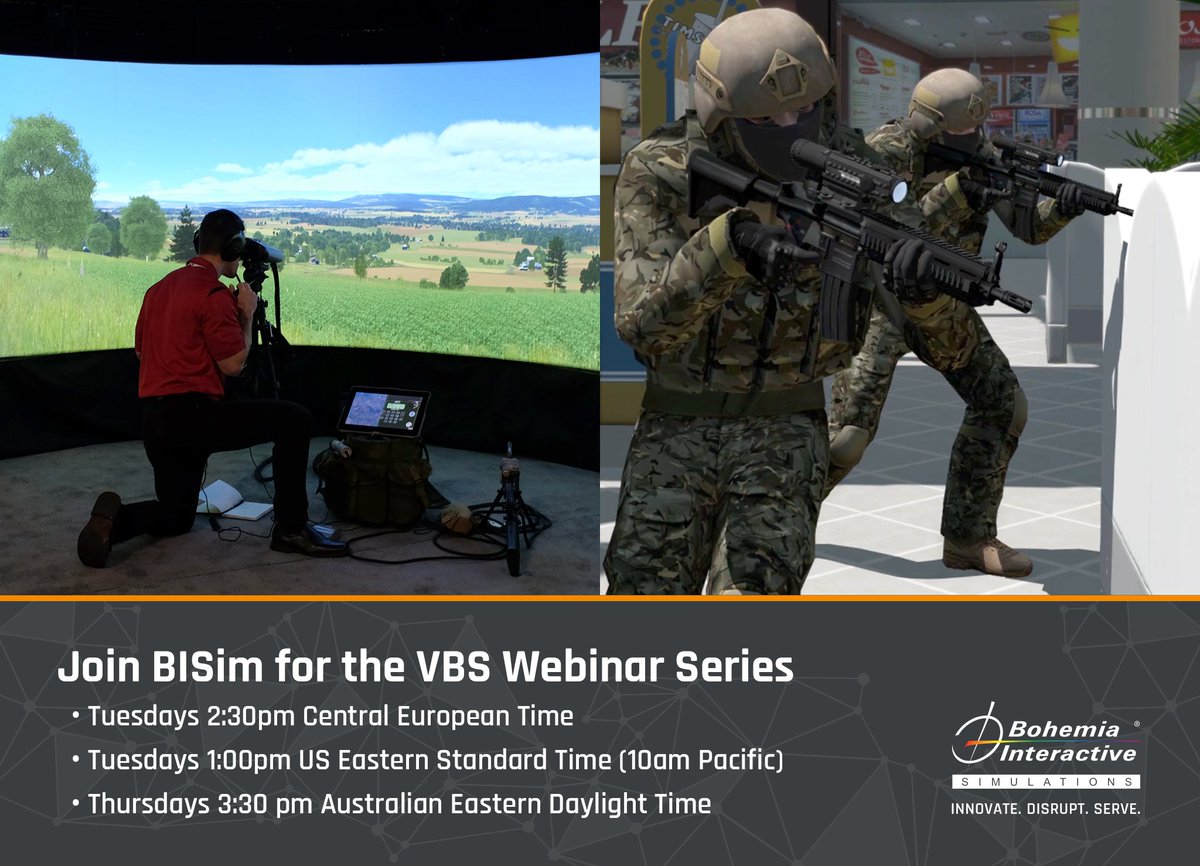 BISimulations's tweet photo. Here are the upcoming BISim VBS webinar topics! 
Select your time zone and register here  https://t.co/EIepi8XdcL 
 
Every week, BISim hosts free webinars to help users get the most out of their VBS experience.
#VBS3 #VBS4 #VBSBlueIG https://t.co/s448kp20gf