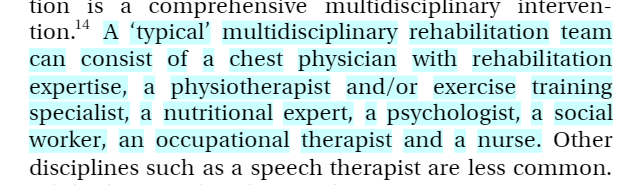 MJSterry's tweet photo. Reading "The past, present and future of pulmonary rehabilitation" to read that this is typical of #pulmonaryrehabilitation teams. I wish it was typical, and I'd be interested to hear how this compares to other teams around the country? https://t.co/PInXAXKZxy