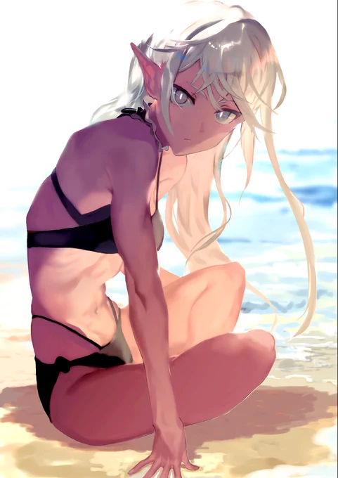 海に連れてきた無口系ダークエルフさん 