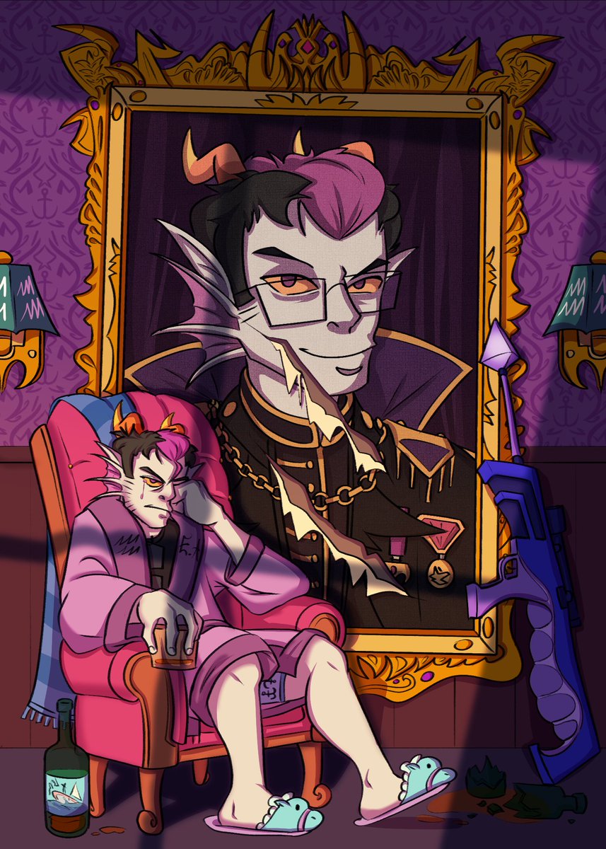 RossWistfull's tweet photo. My piece for the @wwickedzine Eridan zine! The worst part about getting a massive egotistical portrait done of yourself is waking up every morning with the person you hate the most looking down at you smugly. https://t.co/UtzaAZAXYX