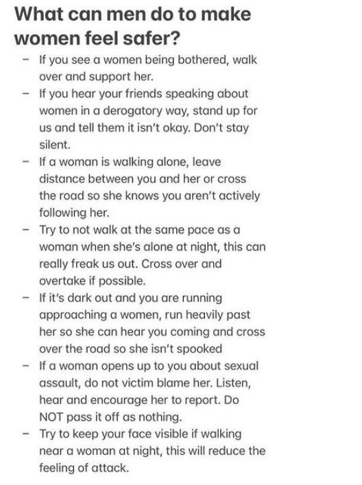 I have a wife, 3 sisters and 5 sister-in-laws! I always think about their safety and wellbeing. Feeling safe and free to walk home from a friend's is something I take for granted. I don't understand why it should be different for them! How do we fix that? I'm all in!#SarahEverard