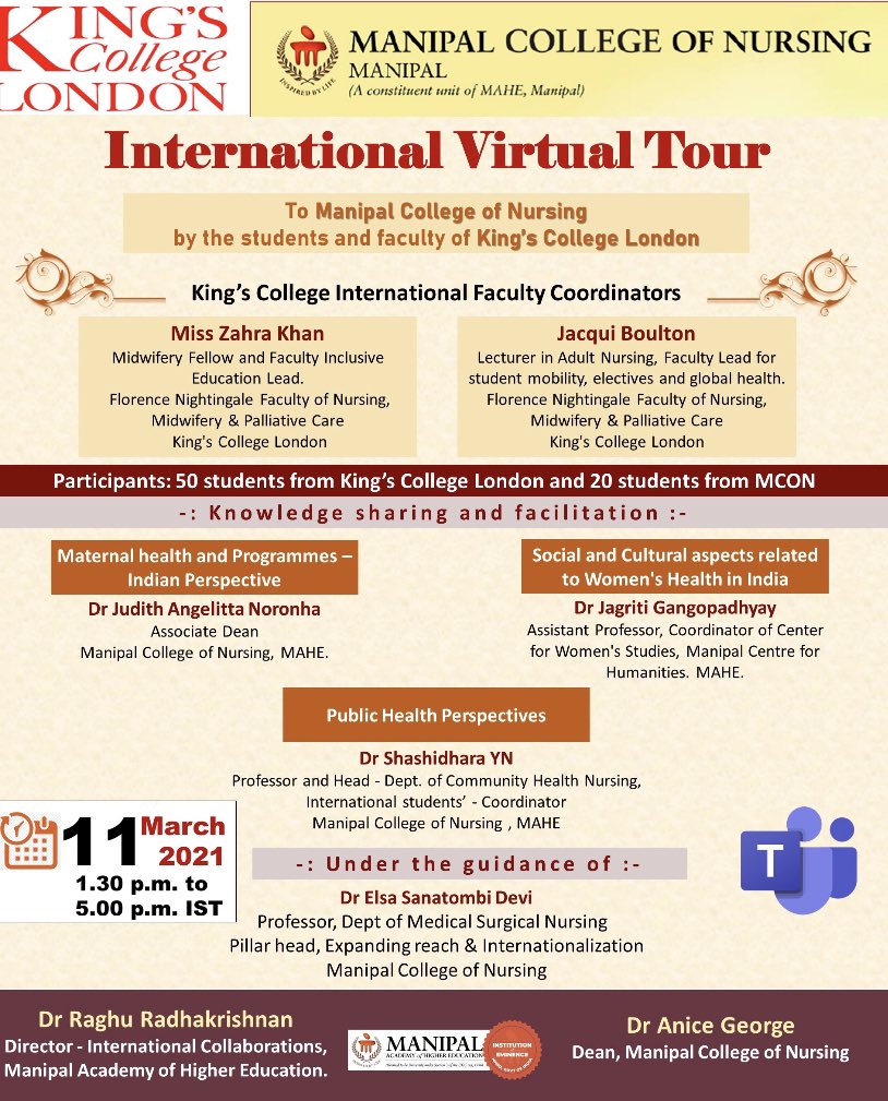 ZahraKhan_RM's tweet photo. 🌍 taking part in a first of its kind virtual elective tour w/ @MconManipal 🇮🇳 today!  @KingsNursing @boulton_jacqui @YnShashidhara #globalhealth #WHOsoutheastasia https://t.co/uqlcmsqQup