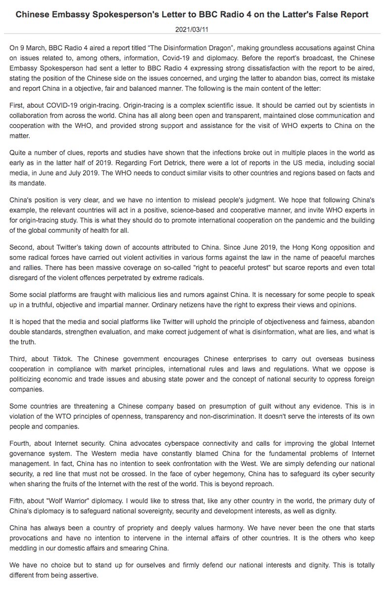 The Chinese embassy to #UK strongly opposes BBC fabricating news about  #China, and calls on it to uphold objectivity and justice as guidelines in  reporting, according to a statement on Thursday.