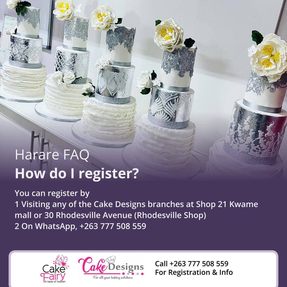 cakefairyzim's tweet image. Are you ready for our next #bakingtutorials class in #Harare? The dates to remember are March 22-28. We have prepared a few responses to some of your common questions below. To register in Harare, please visit any @cakedesignszim outlet or contact +263 777 508 559. #cakefairyzim