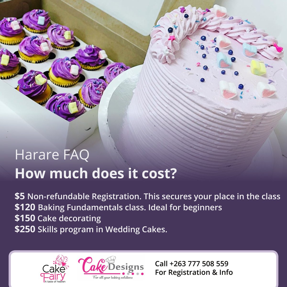 cakefairyzim's tweet image. Are you ready for our next #bakingtutorials class in #Harare? The dates to remember are March 22-28. We have prepared a few responses to some of your common questions below. To register in Harare, please visit any @cakedesignszim outlet or contact +263 777 508 559. #cakefairyzim