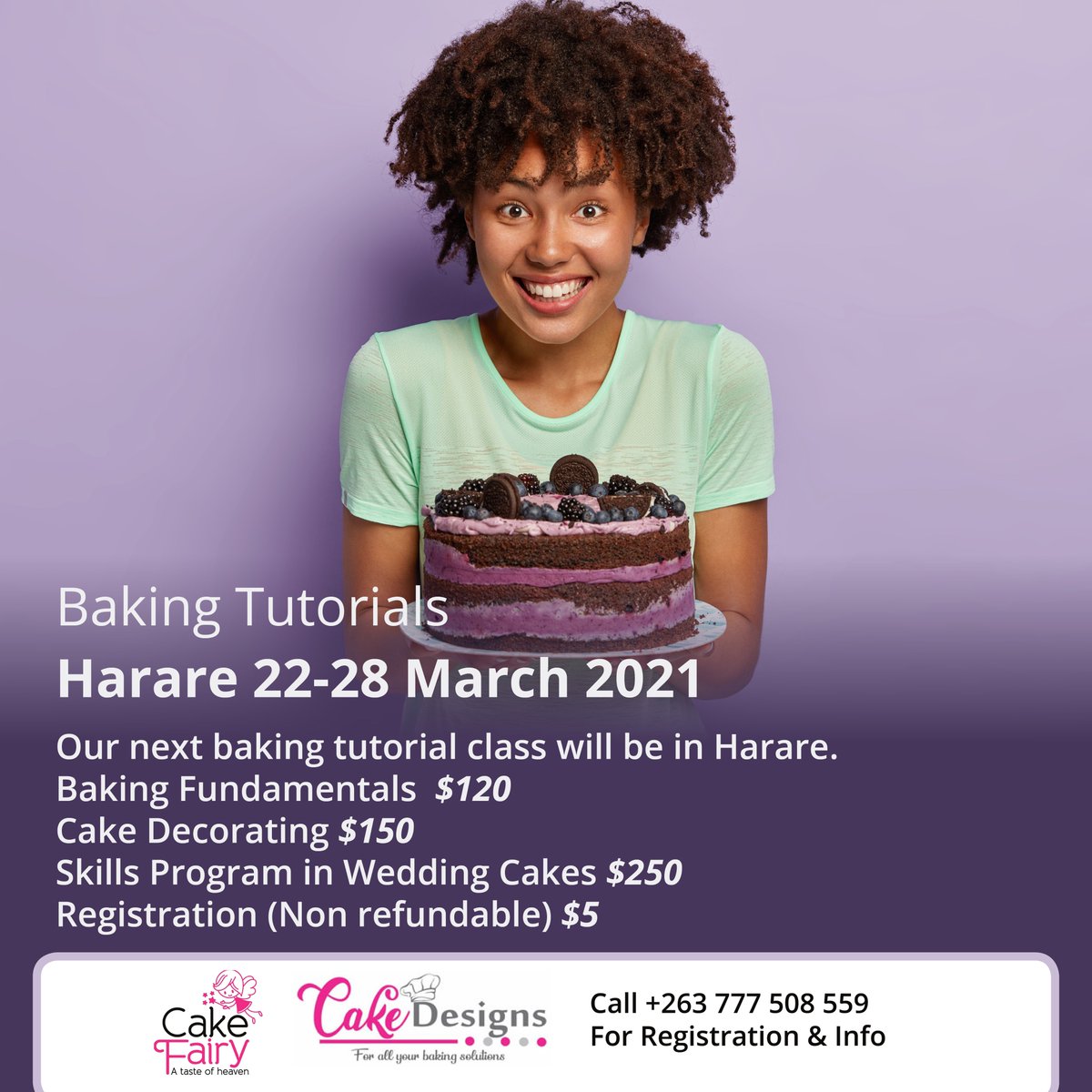 cakefairyzim's tweet image. Are you ready for our next #bakingtutorials class in #Harare? The dates to remember are March 22-28. We have prepared a few responses to some of your common questions below. To register in Harare, please visit any @cakedesignszim outlet or contact +263 777 508 559. #cakefairyzim