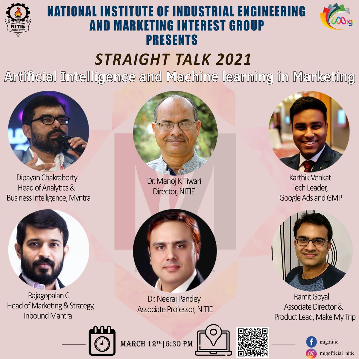IIMMumbai's tweet photo. Greetings from the Marketing Interest Group (#MiG) of #NITIE
As a part of our Annual marketing fest #MarksFete'21, MiG is delighted to announce a Corporate Panel Discussion on "Artificial Intelligence and Machine learning in #Marketing".
#AI #ML #Discussion #Fest https://t.co/TeRftqsHqV