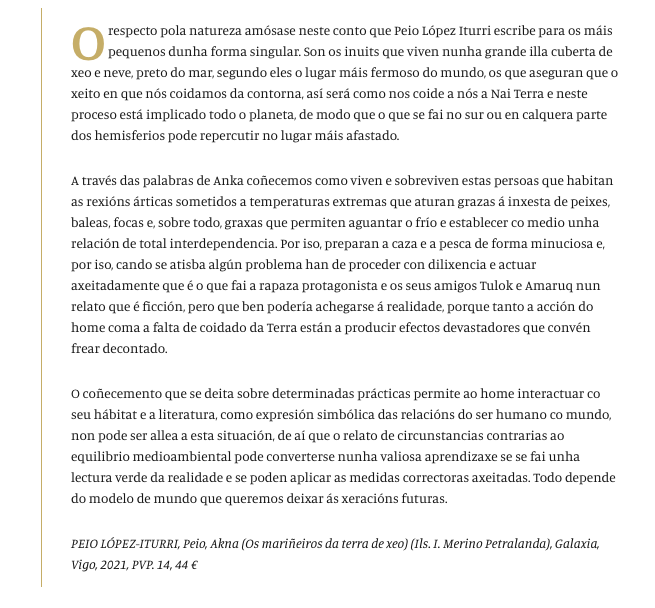 EdGalaxia's tweet photo. "O respecto pola natureza amósase neste conto que Peio López Iturri escribe para os máis pequenos dunha forma singular", asegura María Navarro sobre "Akna. Os mariñeiros da terra de xeo", de Peio López Iturri, ilustrado por @iratink, no #FarodaCultura de @Farodevigo. https://t.co/DCghjX9H9N