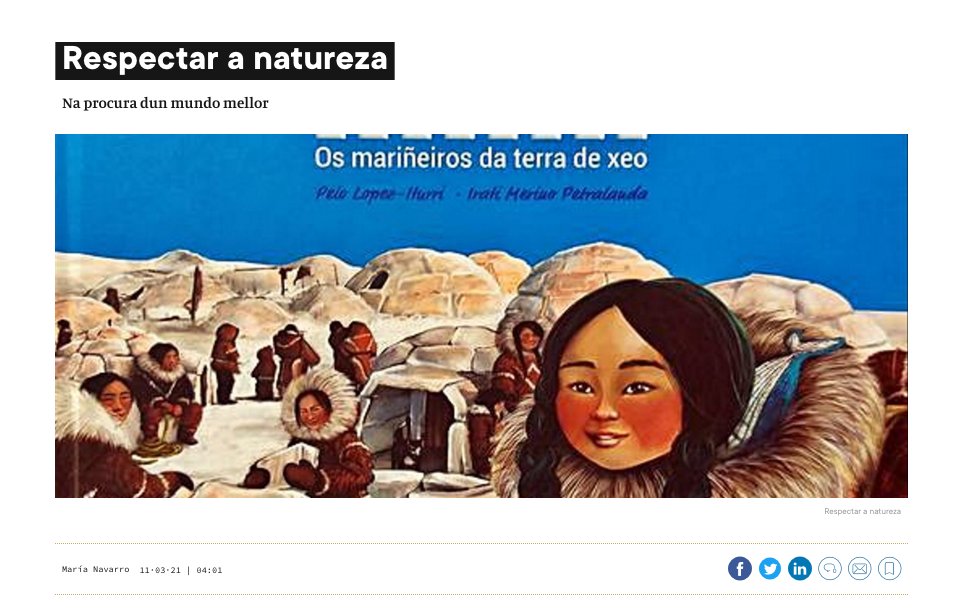 EdGalaxia's tweet photo. "O respecto pola natureza amósase neste conto que Peio López Iturri escribe para os máis pequenos dunha forma singular", asegura María Navarro sobre "Akna. Os mariñeiros da terra de xeo", de Peio López Iturri, ilustrado por @iratink, no #FarodaCultura de @Farodevigo. https://t.co/DCghjX9H9N