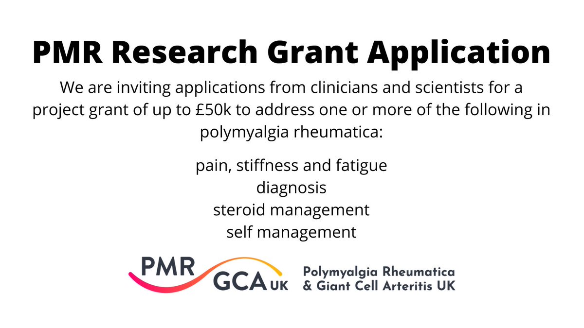 We are inviting applications from clinicians/scientists for a project grant of up to £50k to address research priorities identified by people with #PMR #polymyalgiarheumatica. Applicants should be affiliated to UK university/hospital. Details pmrgca.org.uk/grant-applicat…
