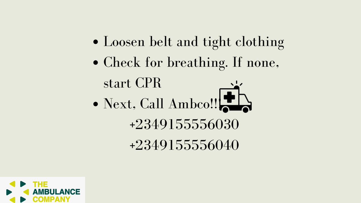 Theambcompany's tweet photo. What next ? how to revive the person. 

Once you notice the person isn’t breathing, start CPR immediately and call AmbCO for emergency care.

#simplefirstaidtips
#rapidresponseservice
#CallAmbCO
#Emergencycare

3/4🧵 https://t.co/wnrP7dcy2O