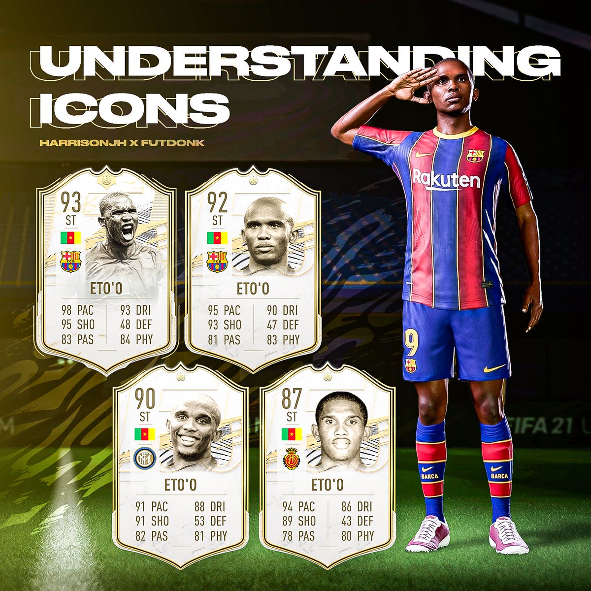 HarrisonJH_'s tweet photo. Understanding Icons!!✨
Samuel #Eto'o 🇨🇲
Collab w/ @DonkTrading
#Icon100 #FUT21 #FIFA21 https://t.co/GWeOHwVGYw