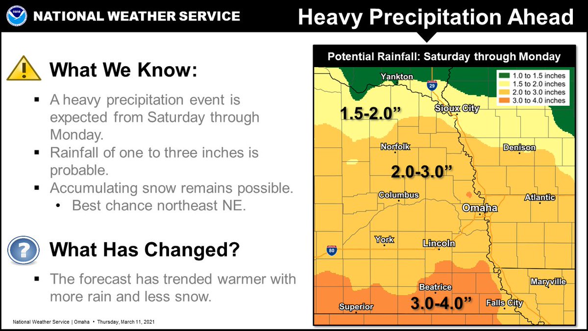 A heavy precipitation event is expected from Saturday through Monday. The forecast has trended warmer, so much of the precipitation will fall as rain. The best chance for accumulating snow is over northeast Nebraska.