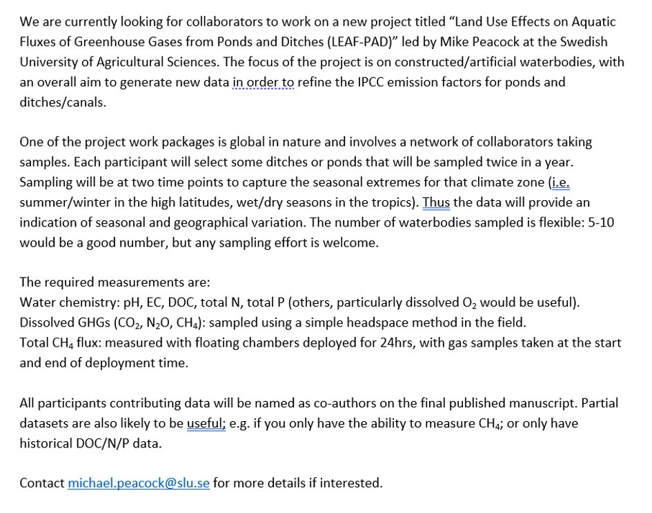 MikePeacock86's tweet photo. Interested in participating in our new project about GHGs, ditches and constructed ponds? 

See below. Retweets welcomed. https://t.co/OFuYeu7SE7