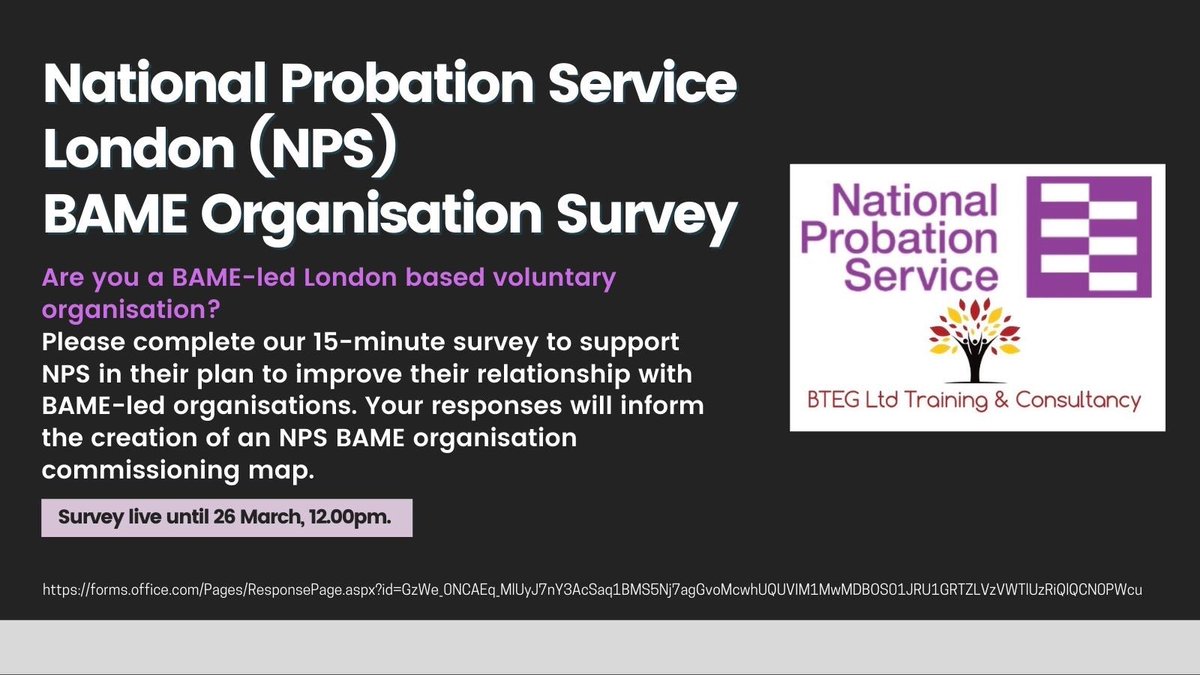 📢 Are you a BAME- led London based organisation? Help us improve the relationship beteeen the National Probation Service and BAME-led orgs by taking this 15 minute survey bit.ly/3eulZwT