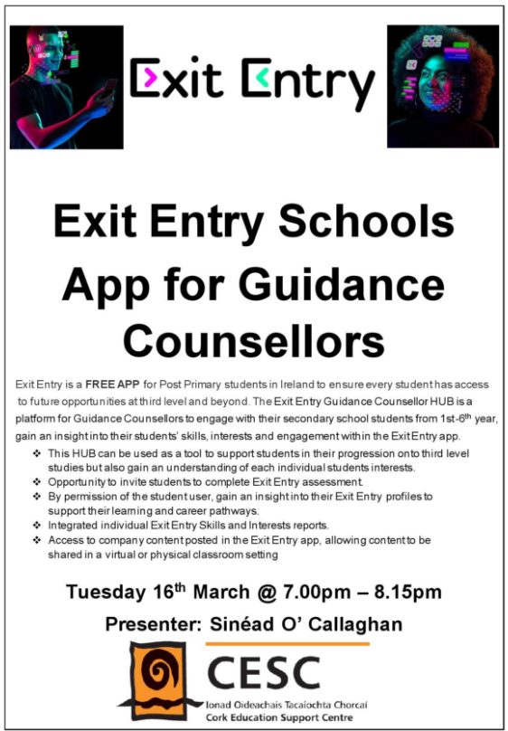cork_cesc's tweet photo. Exit Entry Schools App for Guidance Counsellors.
Tuesday 16th March at 7pm via Zoom.
https://t.co/ffqPwXpSt4
@ESCItweets
 #edtech #edchatie #exitentry https://t.co/ISaB1bo8Xm