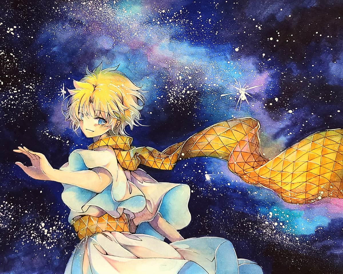 1boy male focus baggy clothes star (sky) blonde hair scarf yellow scarf  illustration images