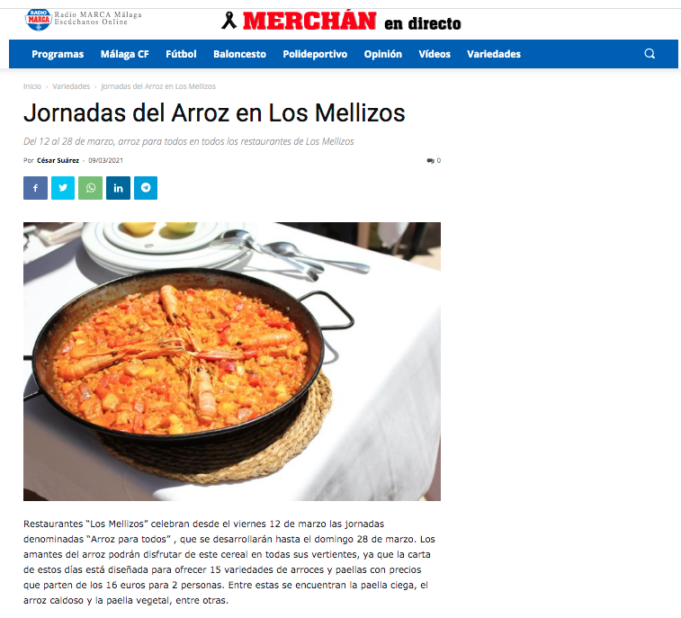 MellizosGrupo's tweet photo. ¿Quieres saber todo sobre nuestras jornadas #ArrozparaTodos? 🥘🥘🥘
Aquí te dejamos algunas de las noticias publicadas:
-@opiniondemalaga : https://t.co/3X8jyrbRlM
-@RadioMarcaMLG : https://t.co/oCodgUqYTz
-#soldigital: https://t.co/lCTRes5y4R
¡A partir de mañana te esperamos! https://t.co/fzclyynXwa