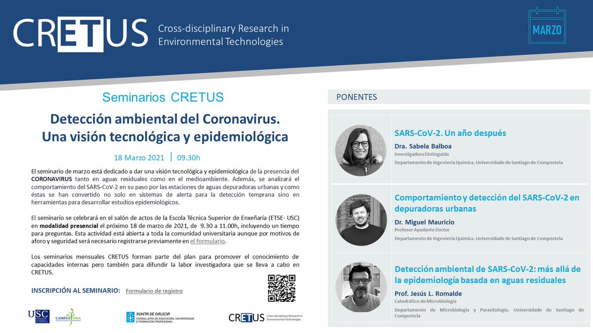 CRETUS (@cretus_usc) on Twitter photo 🗓️Jueves 18 Marzo Seminario 'Detección ambiental del #Coronavirus. Una visión tecnológica y epidemiológica' Impartido por <a href="/sabebalboa/">Sabela Balboa Méndez</a>, <a href="/_MiguelMauricio/">Miguel Mauricio</a> y <a href="/Romalde_Lab/">ENVMIC-USC</a>, <a href="/UniversidadeUSC/">USC</a>
👉Regístrate en: forms.gle/byvwiA5xr4HHhZ…
👉Lugar: Salón de actos. <a href="/etse_usc/">ETSE USC</a> 9.30h a 11.00h 🗓️Jueves 18 Marzo Seminario 'Detección ambiental del #Coronavirus. Una visión tecnológica y epidemiológica' Impartido por <a href="/sabebalboa/">Sabela Balboa Méndez</a>, <a href="/_MiguelMauricio/">Miguel Mauricio</a> y <a href="/Romalde_Lab/">ENVMIC-USC</a>, <a href="/UniversidadeUSC/">USC</a>
👉Regístrate en: forms.gle/byvwiA5xr4HHhZ…
👉Lugar: Salón de actos. <a href="/etse_usc/">ETSE USC</a> 9.30h a 11.00h