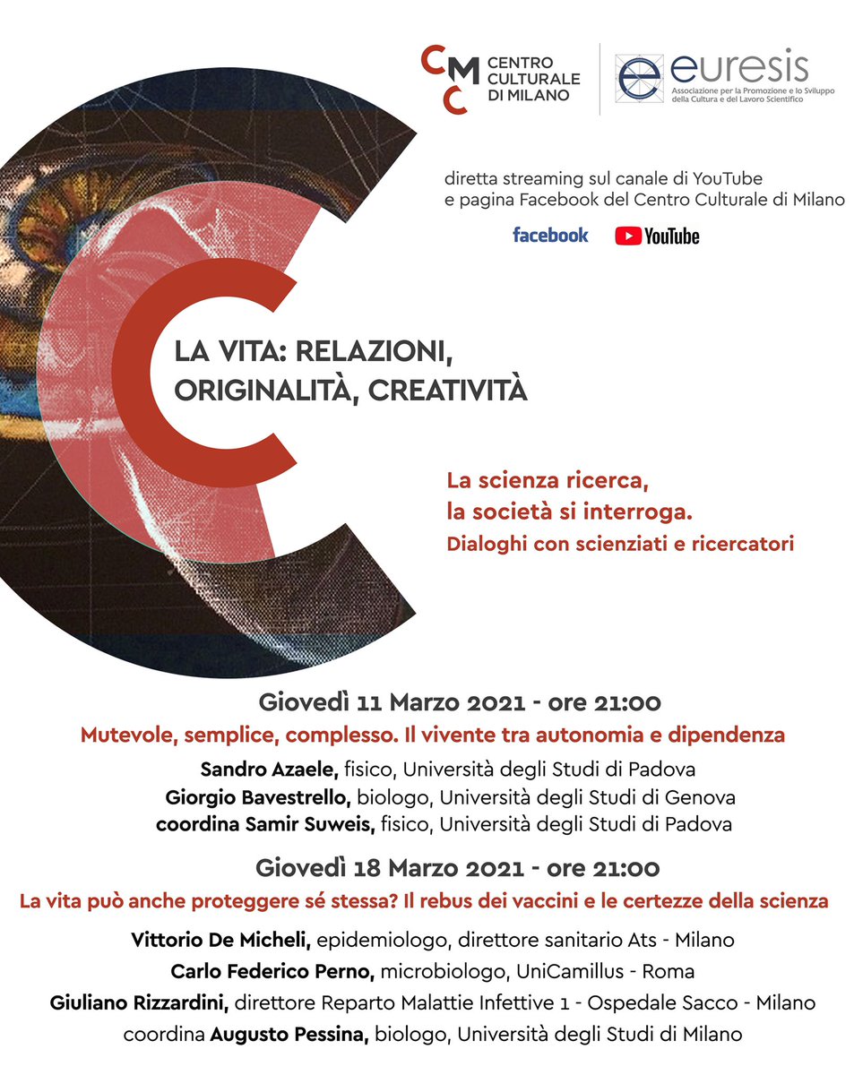 <a href="/CmcMilano/">CMC Milano</a> ed <a href="/Euresis_IT/">Associazione Euresis</a> invitano ad un ciclo di incontri dal titolo: La vita: relazioni, originalità, creatività....
🎙️Dialoghi con scienziati e ricercatori
⏳ Stasera #11marzo 🕘 ore 21
➡️ Scopri di più 👇
centriculturali.org/default.asp?id…