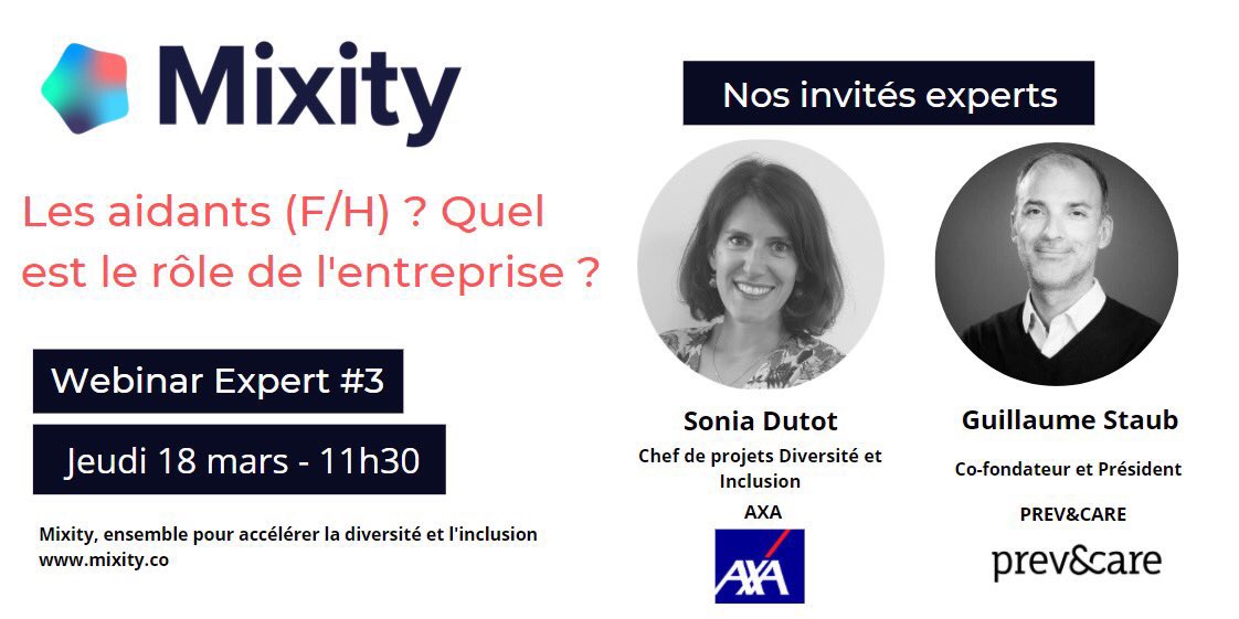 #Inclusion 👉🏼 Sur votre agenda 🗓 📍Jeudi 18 mars - 11h30 - <a href="/SoniaDUTOT/">Sonia DUTOT</a> de la #Diversité de <a href="/AXAFrance/">AXA France</a> et <a href="/staub_guillaume/">Guillaume Staub</a> Président Prev&amp;Care. Inscription 🖊 ICI bit.ly/3pZsfPa - «Les aidants 🚹🚺 Quel rôle de l’entreprise ?» Animation <a href="/SandrineSCC/">Sandrine Charpentier</a> - #QVT -