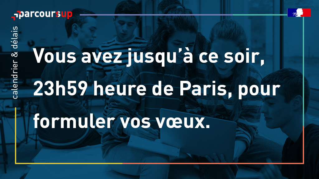 parcoursup_info's tweet photo. 🔔 Dernier jour pour formuler vos vœux sur #Parcoursup.
👥 Toutes nos équipes sont mobilisées pour vous accompagner via :
💻la rubrique contact de votre dossier
📞 le numéro vert 0 800 400 070 (ouvert jusqu'à 18h aujourd'hui).

➡️ https://t.co/CY9tt1DQ9s https://t.co/Gd472coNry