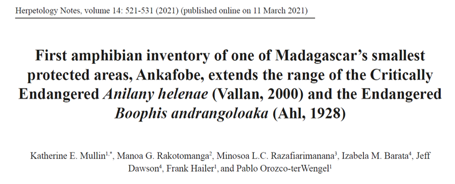 Just published my first PhD related paper in <a href="/HerpNotes/">Herpetology Notes</a> 'First amphibian inventory of one of Madagascar’s smallest protected areas, Ankafobe, extends the range of the Critically Endangered Anilany helenae' <a href="/DurrellWildlife/">Durrell Wildlife Conservation Trust</a> <a href="/mobotgarden/">MO Botanical Garden</a> biotaxa.org/hn/article/vie…