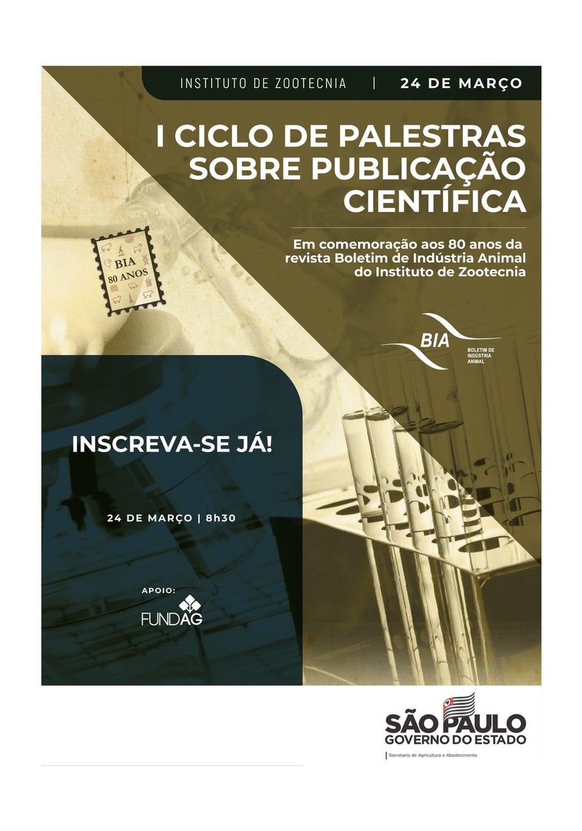I CICLO DE PALESTRAS SOBRE PUBLICAÇÃO CIENTÍFICA

Em comemoração aos 80 anos da revista Boletim de Indústria Animal do Instituto de Zootecnia

Inscreva-se para garantir seu certificado! 
Assista o evento pelo nosso canal do Youtube clicando aqui.
eventos.fundag.br/events/a35299d…