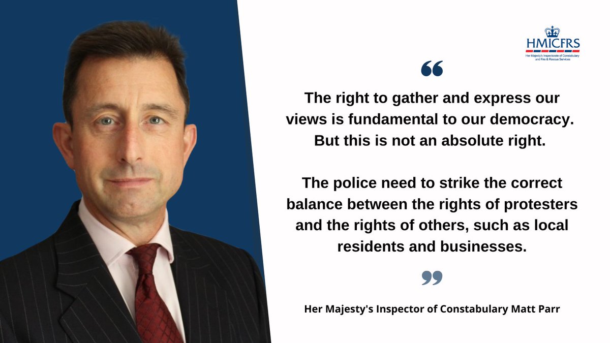 HMICFRS's tweet photo. NEW: HM Inspector Matt Parr on the findings of our inspection into how effectively the police manage protests.
📖Read the full report here: https://t.co/IfK2oXf3LD
#PublicOrder #RightToProtest #GettingTheBalanceRight https://t.co/GAAdi60s6l
